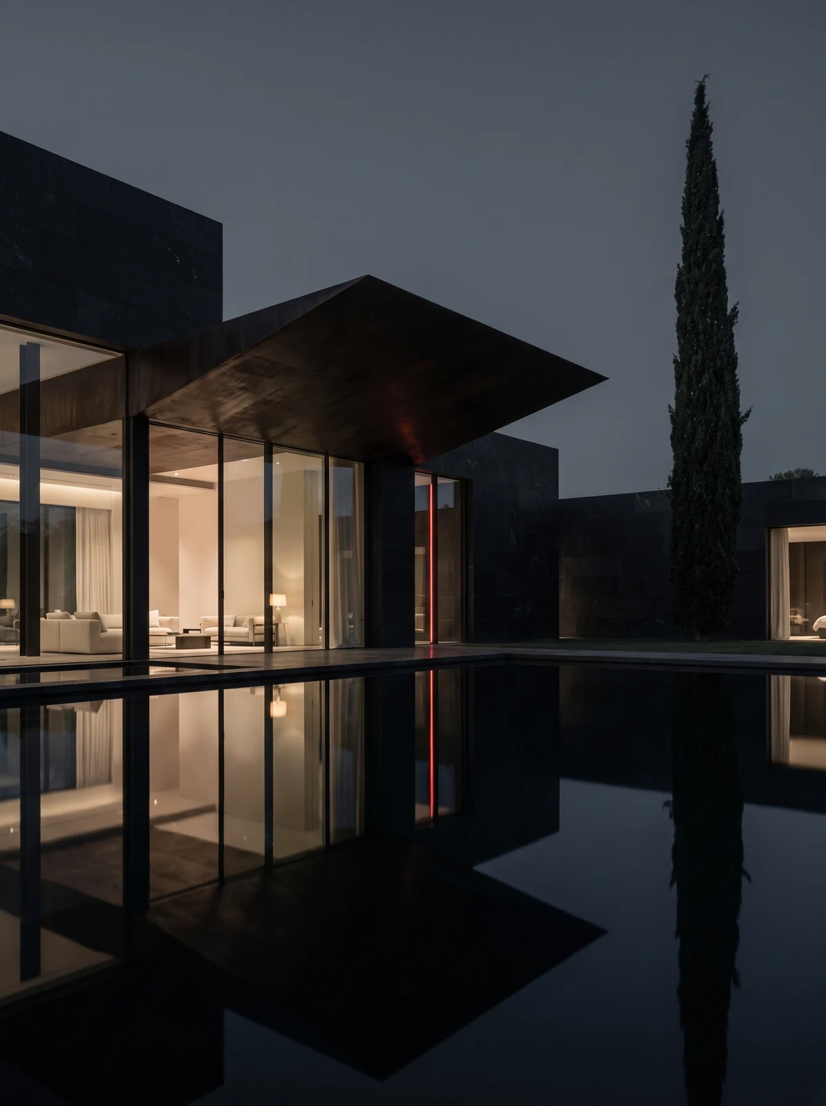 Concept courtyard villa reflected in a pool at twilight