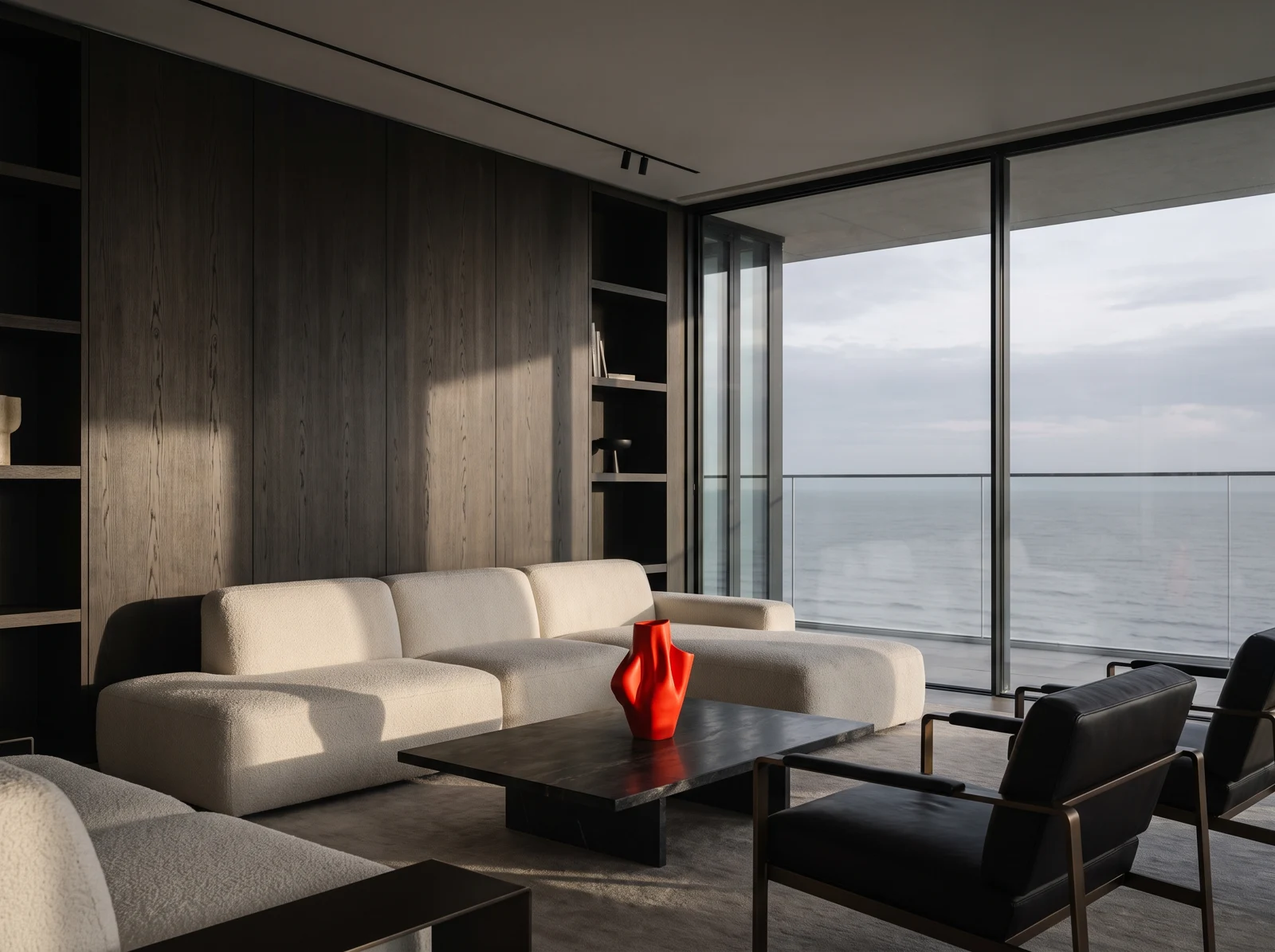 Concept penthouse living room with ivory seating and a sea view